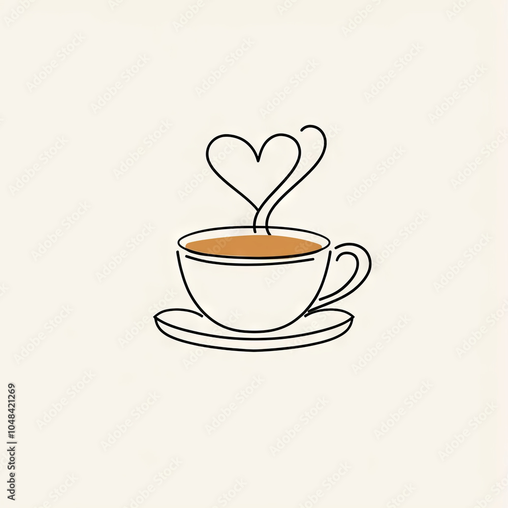 Minimalist Line Art of a Heart-Shaped Steam Rising from a Cozy Coffee Cup on a Saucer, Perfect for Coffee Lovers and Warm Beverage Themes Minimalist Line Art of a Heart-Shaped Steam Rising from a Cozy Coffee Cup on a Saucer, Perfect for Coffee Lovers and Warm Beverage Themes