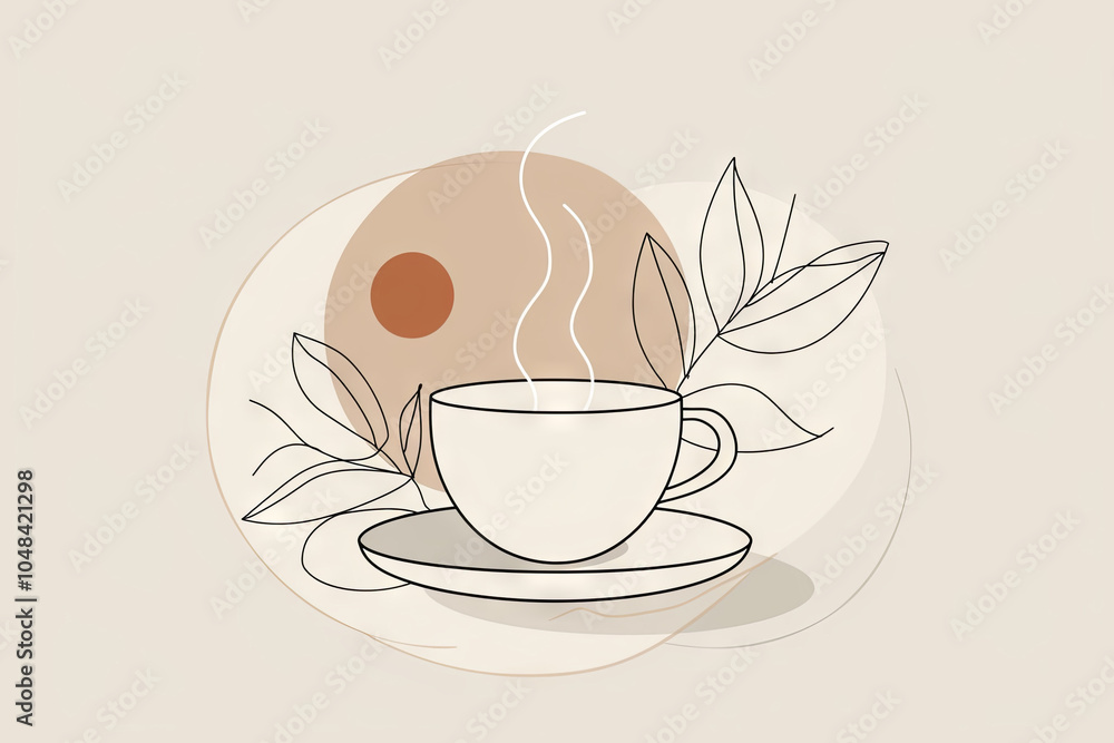 Minimalist Line Art of a Coffee Cup with Steam, Surrounded by Leaves and a Warm Sun Circle, Perfect for Cozy Beverage and Nature-Themed Designs Minimalist Line Art of a Coffee Cup with Steam, Surrounded by Leaves and a Warm Sun Circle, Perfect for Cozy Beverage and Nature-Themed Designs