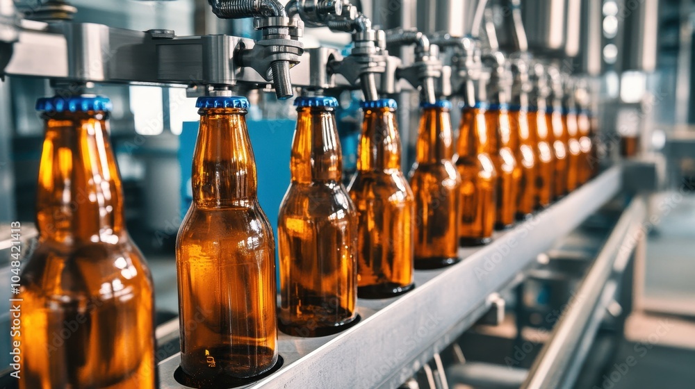 Rows of Amber-Colored Glass Bottles in a Beverage Production Facility Rows of Amber-Colored Glass Bottles in a Beverage Production Facility