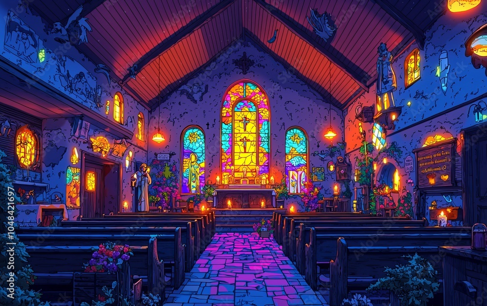 Obraz premium Neon Church Interior with Stained Glass Windows