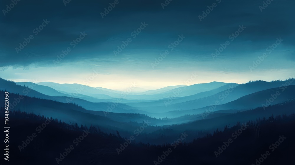 A moody twilight sky with dark blue tones and a soft glow on the horizon, casting long shadows across a peaceful landscape A moody twilight sky with dark blue tones and a soft glow on the horizon, casting long shadows across a peaceful landscape