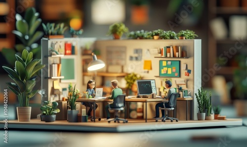 Miniature office scene with three people working.