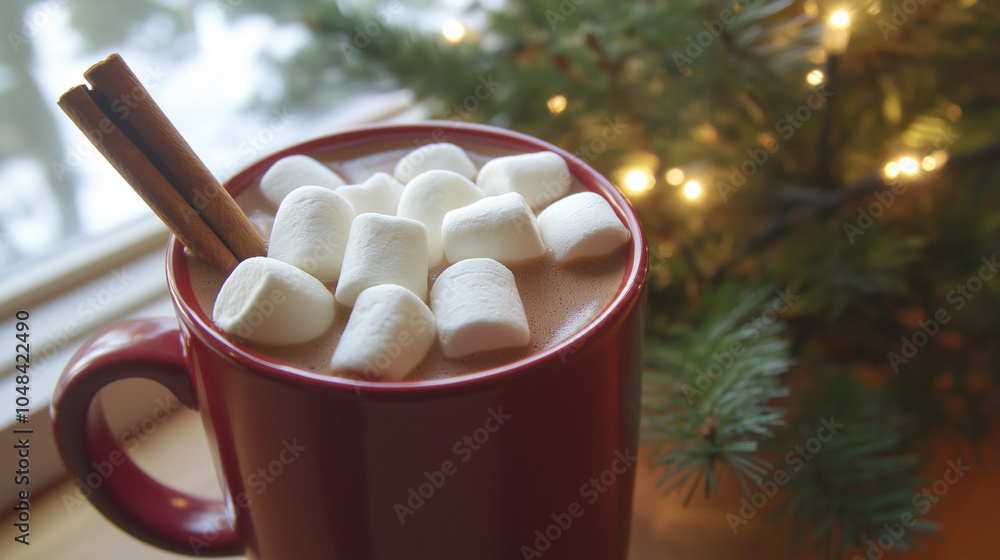 Photo of a Hot Chocolate Mug with Marshmallows: A photo of a festive red mug filled with hot chocolate, topped with fluffy marshmallows and a cinnamon stick. The background includes subtle holiday. Photo of a Hot Chocolate Mug with Marshmallows: A photo of a festive red mug filled with hot chocolate, topped with fluffy marshmallows and a cinnamon stick. The background includes subtle holiday.