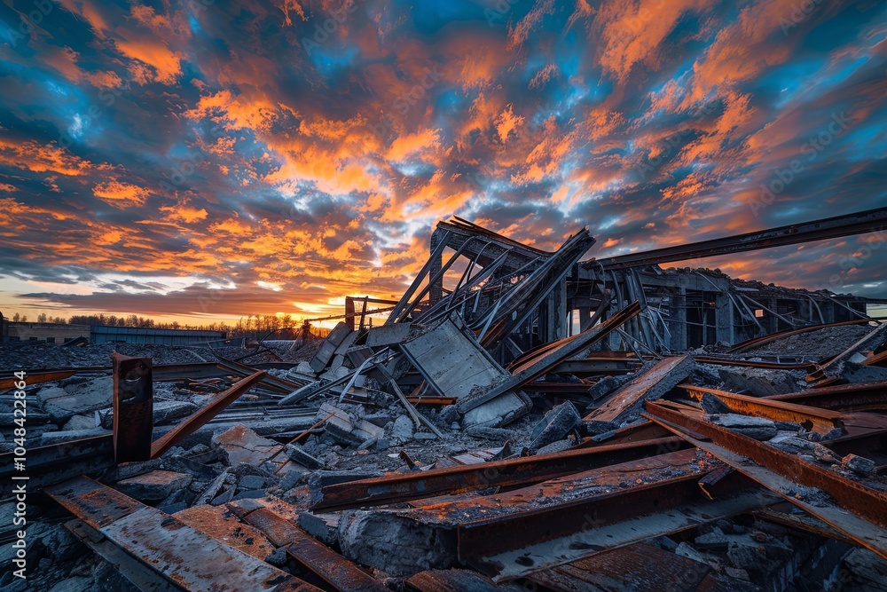 Fototapeta premium Stunning Sunset Over Ruins: Dramatic Skies Illuminate the Remains of a Collapsed Structure Amidst a Chaotic Landscape of Debris and Remnants.