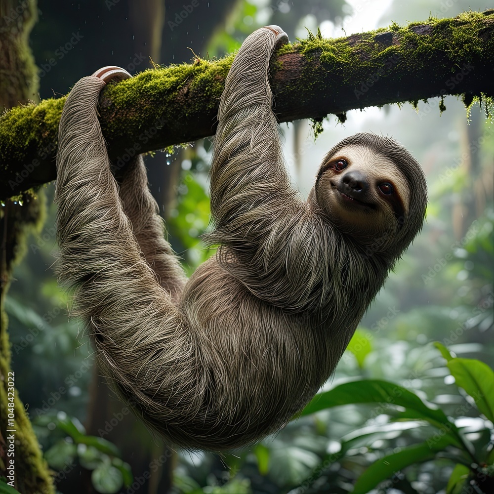 Fototapeta premium A sloth with soft gray fur glistening with dew. Hanging upside down from a strong, moss-covered branch