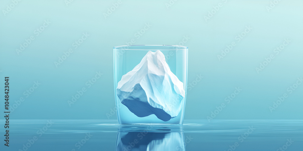 Miniature Iceberg in a Glass Against Snowy Mountain Backdrop Miniature Iceberg in a Glass Against Snowy Mountain Backdrop