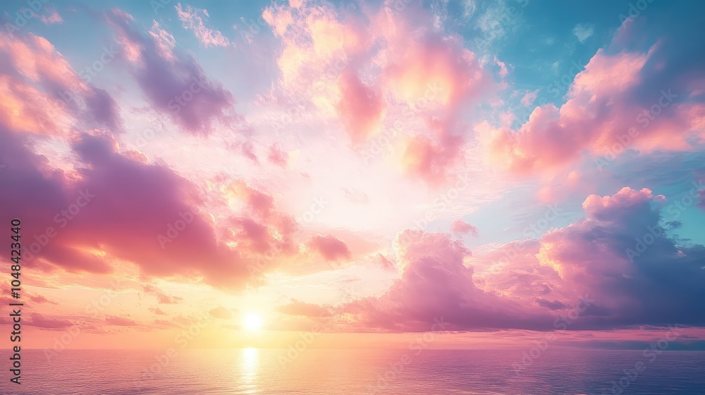 Fototapeta premium A peaceful golden hour sky with soft pink and gold hues, casting a warm glow over the landscape as the sun dips below the horizon