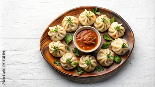 Traditional Nepali momo dumplings served with spicy dipping sauce on a white background, shot from an aerial angle