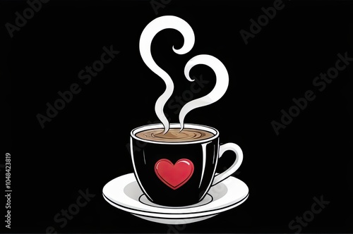 A steaming cup of coffee with a heart design on the side sits on a saucer