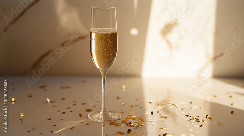 Photo of a New Year's Eve Champagne Glass: A single champagne flute filled with sparkling champagne, placed on a glossy surface with golden confetti scattered around.  photo