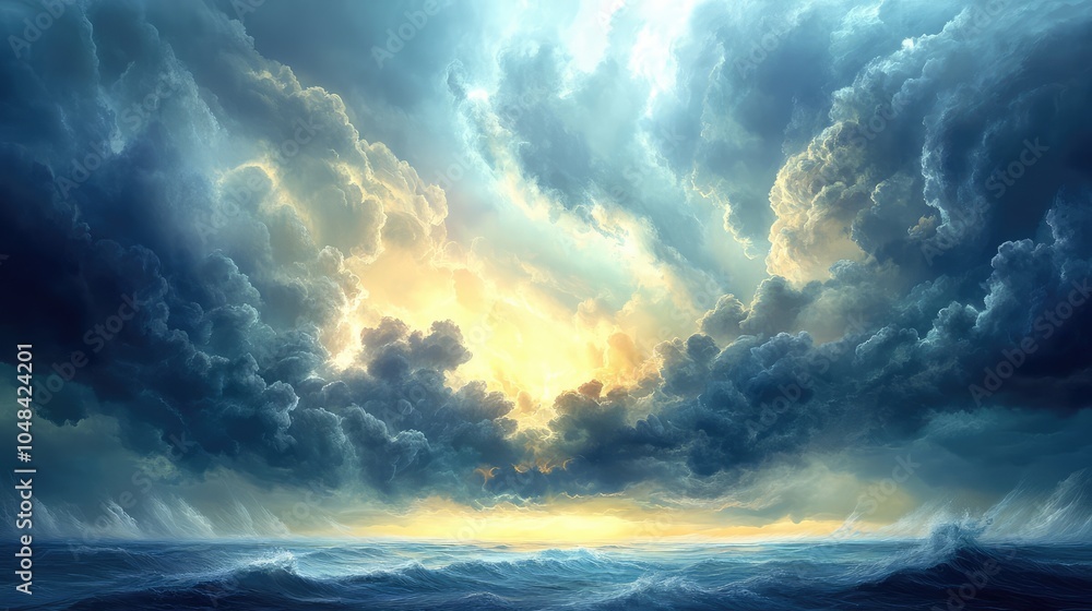 A post-storm sky with heavy, dark clouds beginning to part, revealing bright sunlight breaking through and casting dramatic shadows A post-storm sky with heavy, dark clouds beginning to part, revealing bright sunlight breaking through and casting dramatic shadows