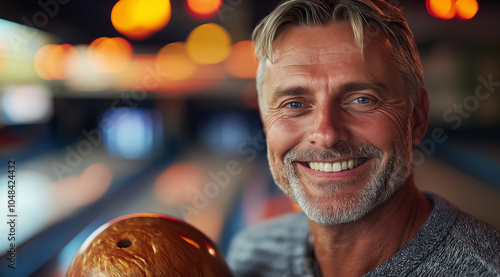 portrait of happy middle aged man holding bowling ball in front, bowling alley background, bokeh,  photo