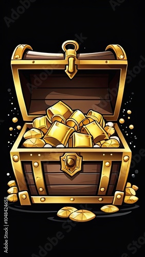 A wooden treasure chest overflowing with gold coins sits on a black background photo