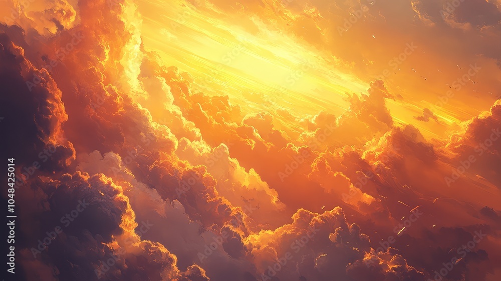 A radiant golden hour sky with deep amber tones illuminating the clouds, casting a magical light over the scene A radiant golden hour sky with deep amber tones illuminating the clouds, casting a magical light over the scene