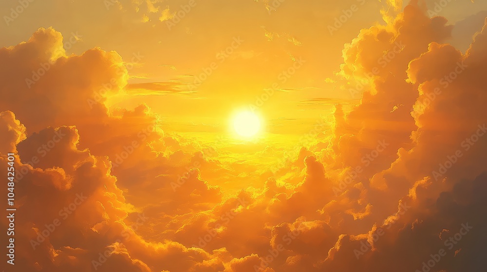 A radiant golden hour sky with soft, glowing clouds bathed in warm orange and yellow light as the sun sets on the horizon A radiant golden hour sky with soft, glowing clouds bathed in warm orange and yellow light as the sun sets on the horizon
