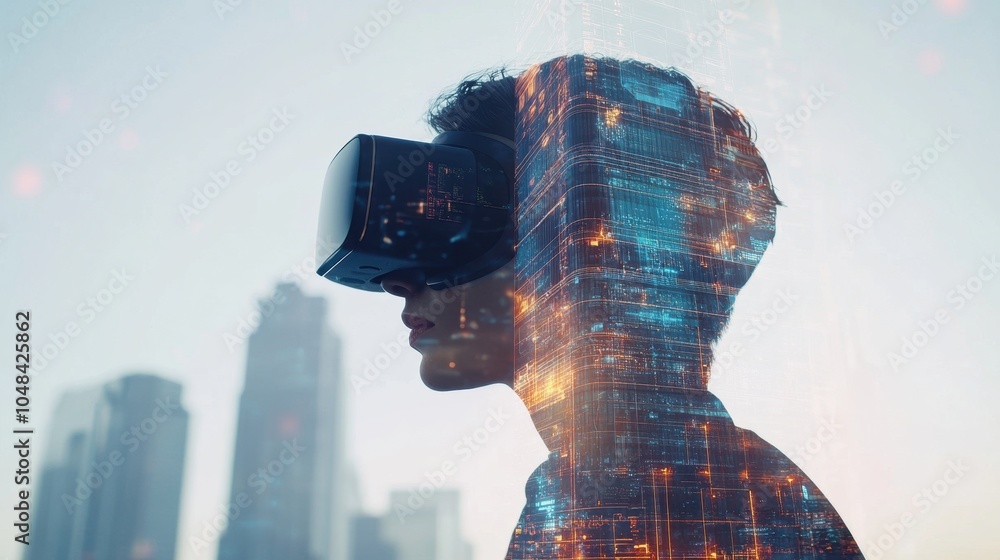 Immersed in the Future: A Man Exploring Virtual Reality in a Bustling City Skyline Immersed in the Future: A Man Exploring Virtual Reality in a Bustling City Skyline