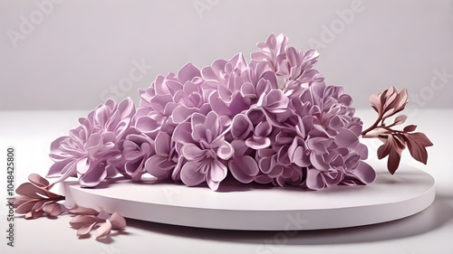 a 3D flower of lilac color on a  white table