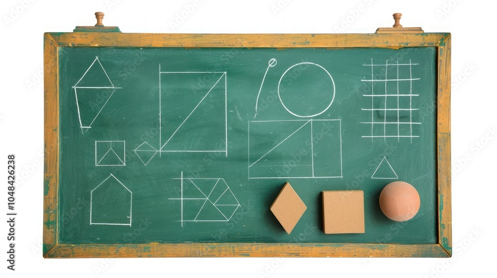 Fototapeta premium Chalkboard with Geometric Shapes and Wooden Blocks