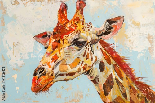 Wallpaper Mural Vibrant Giraffe Portrait: Artistic Rendering of a Giraffes Head with Colorful Patterns Against a Soft Blue Background, Perfect for Wildlife and Nature Themes. Torontodigital.ca