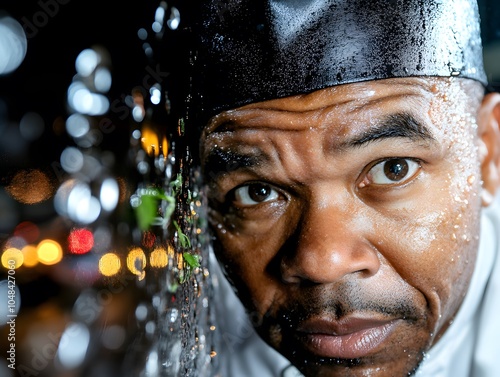 Close-Up of Chef with Water Droplets on Face Reflecting City Lights at Night photo