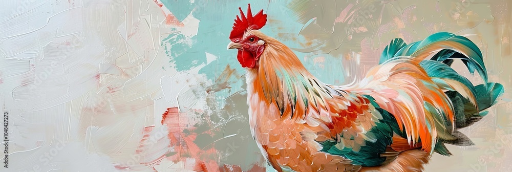 Fototapeta premium Vibrant Rooster Portrait Against Abstract Pastel Background: Colorful Feathers and Dynamic Brush Strokes Render a Stunning Farmyard Scene