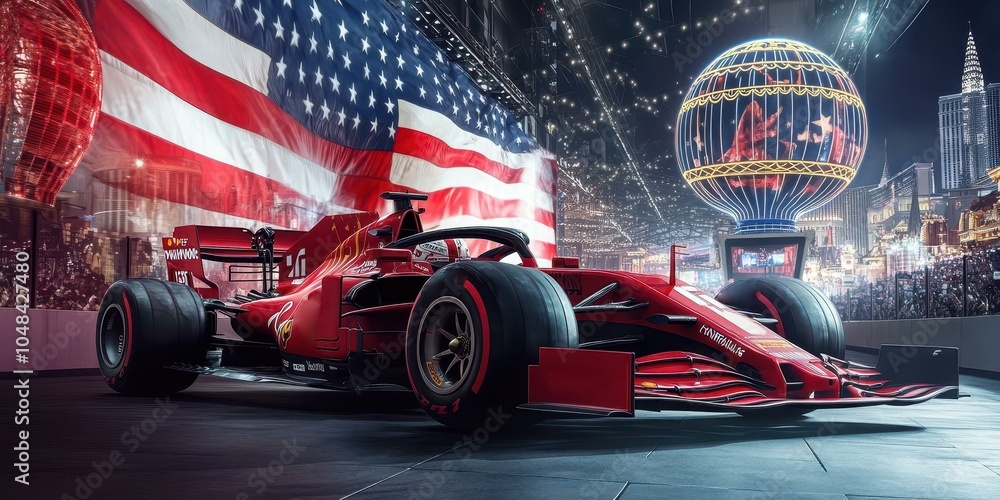 Fotobehang Formule 1  Formula 1 Race Car Under the Lights of Las Vegas #1048427480