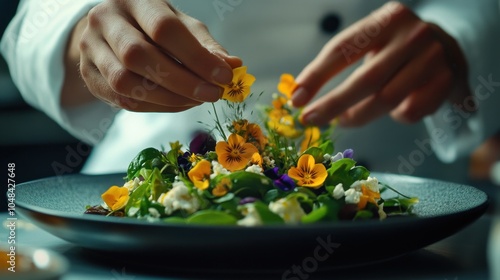 Hands Arranging Edible Flowers on a Fresh Green Salad