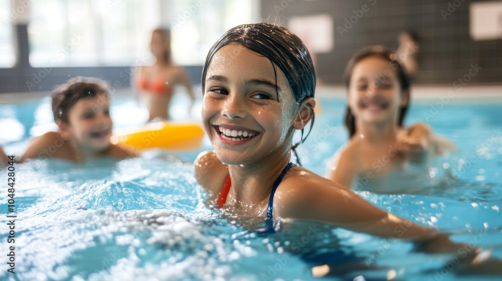 A girl is smiling in a pool with other children
