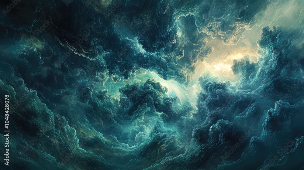 A sky filled with ominous, swirling clouds, with a faint glow of sunlight trying to break through, creating a moody atmosphere A sky filled with ominous, swirling clouds, with a faint glow of sunlight trying to break through, creating a moody atmosphere