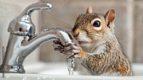 Adorable Squirrel Gripping a Faucet with Running Water in a Humorous and Cute Close-Up Moment