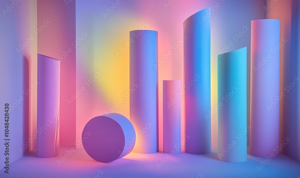A series of colorful cylinders are arranged in a room, creating a vibrant A series of colorful cylinders are arranged in a room, creating a vibrant