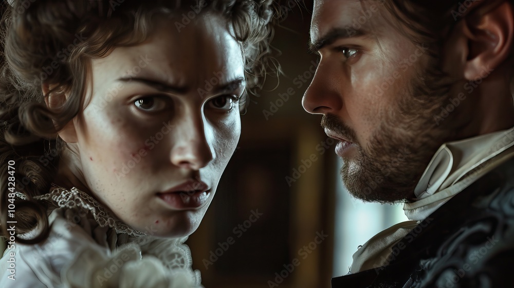 Dramatic Close-Up of Two Historical Figures in Period Costume, Intense Emotions and Tension Dramatic Close-Up of Two Historical Figures in Period Costume, Intense Emotions and Tension