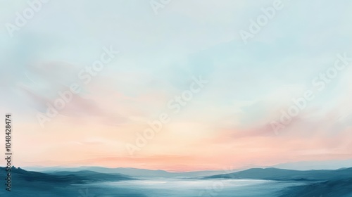 A soft pastel sky at dusk, with light pink and orange tones transitioning into soft blues, casting a calming glow over the landscape