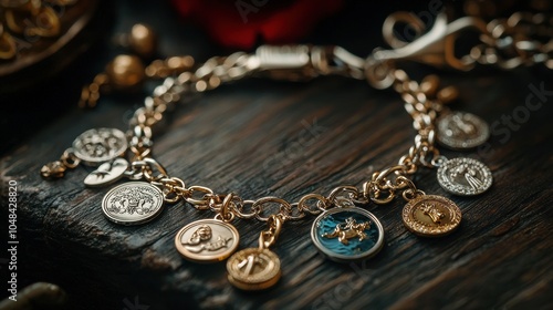 Luxury charm bracelet with zodiac and celestial designs on a dark background