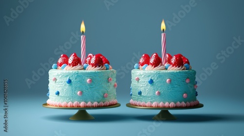 Two pastel blue birthday cakes with strawberries and candles