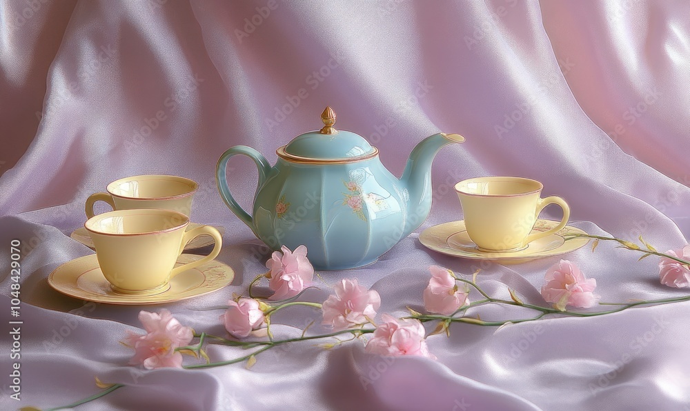 A teapot and two cups are on a table with pink flowers in the background A teapot and two cups are on a table with pink flowers in the background