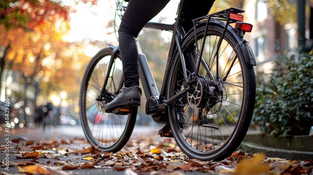 Cyclist riding an electric bike in an autumn setting Cyclist riding an electric bike in an autumn setting