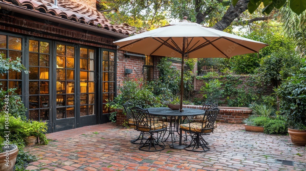 Obraz premium Backyard dining area on a brick patio, complete with umbrella and chairs.