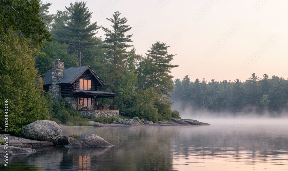 Fototapeta premium A house with a large porch sits on a lake