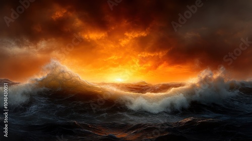 The majestic sunrise graces the horizon as fluffy waves dance across the stormy sea, filling the scene with pulsating warmth and the promise of a new day.