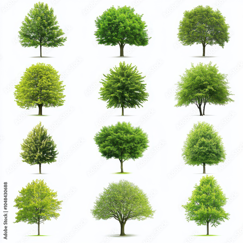 Fototapeta premium Lush green trees in various shapes and sizes create vibrant display of natures beauty. Each tree showcases unique foliage, contributing to serene and refreshing atmosphere