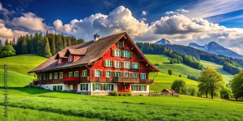 Traditional Swiss countryside scene with red farmhouse