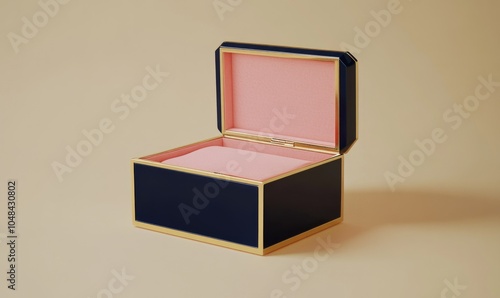 A blue box with pink trim is opened to reveal a pink item inside