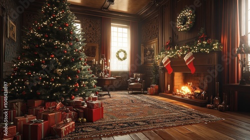 Wallpaper Mural Traditional Christmas setup with large tree and classic decorations Torontodigital.ca