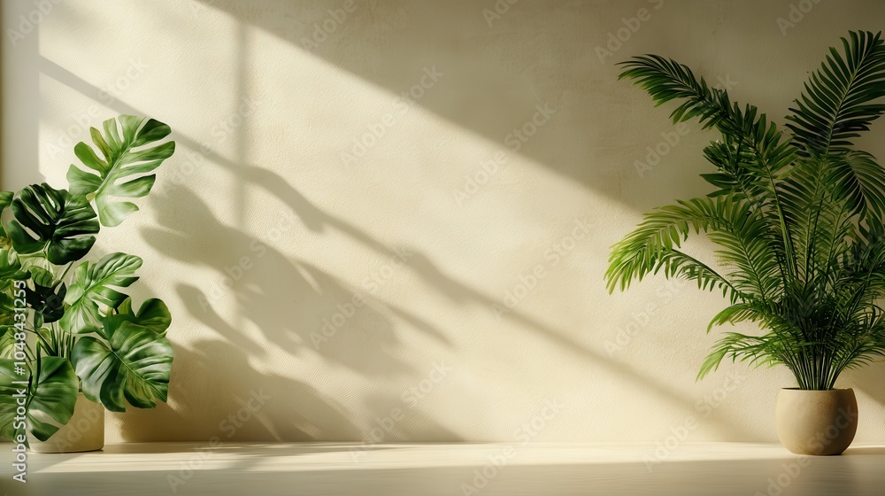 Indoor plants arranged carefully casting long shadows on a sunlit beige wall, creating an elegant and peaceful space filled with refreshing greenery and natural light. Indoor plants arranged carefully casting long shadows on a sunlit beige wall, creating an elegant and peaceful space filled with refreshing greenery and natural light.