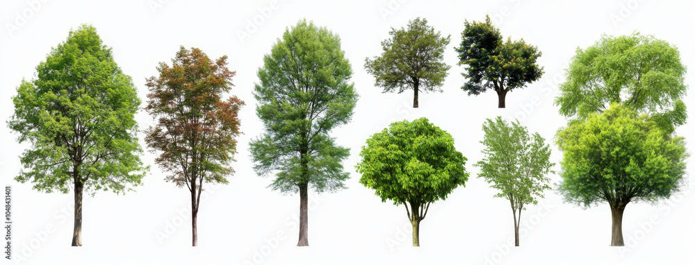 Fototapeta premium Lush green trees in various shapes and colors, showcasing beauty of nature. Each tree displays unique foliage, contributing to vibrant landscape