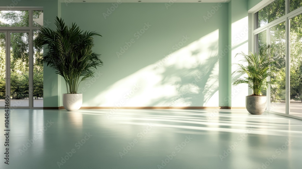 A bright and minimalistic empty room bathed in natural sunlight, with lush potted plants in spacious corners creating a serene and peaceful atmosphere. A bright and minimalistic empty room bathed in natural sunlight, with lush potted plants in spacious corners creating a serene and peaceful atmosphere.