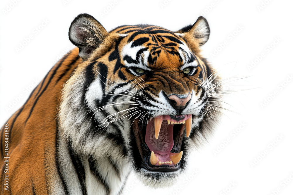 Fototapeta premium Fierce tiger displaying its powerful jaws and striking fur pattern, showcasing beauty and intensity of wildlife