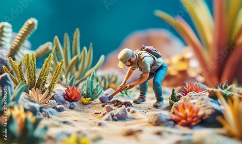 A miniature man digs in a desert landscape.