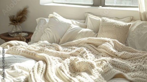 A minimalist bedroom featuring a chunky knit throw in a neutral cream color adding warmth and texture to the crisp white bedding. photo